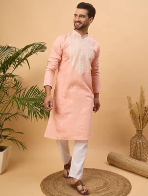 Men peach silk blend solid embroidered straight kurta 5
