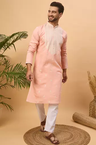 Men peach silk blend solid embroidered straight kurta