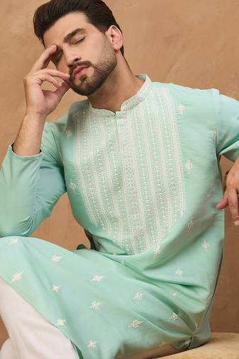 Men blue silk blend solid embroidered straight kurta