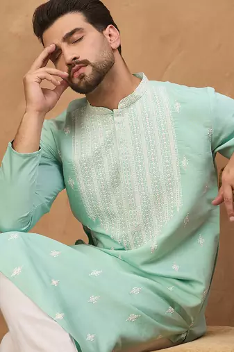 Men blue silk blend solid embroidered straight kurta