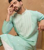 Men blue silk blend solid embroidered straight kurta