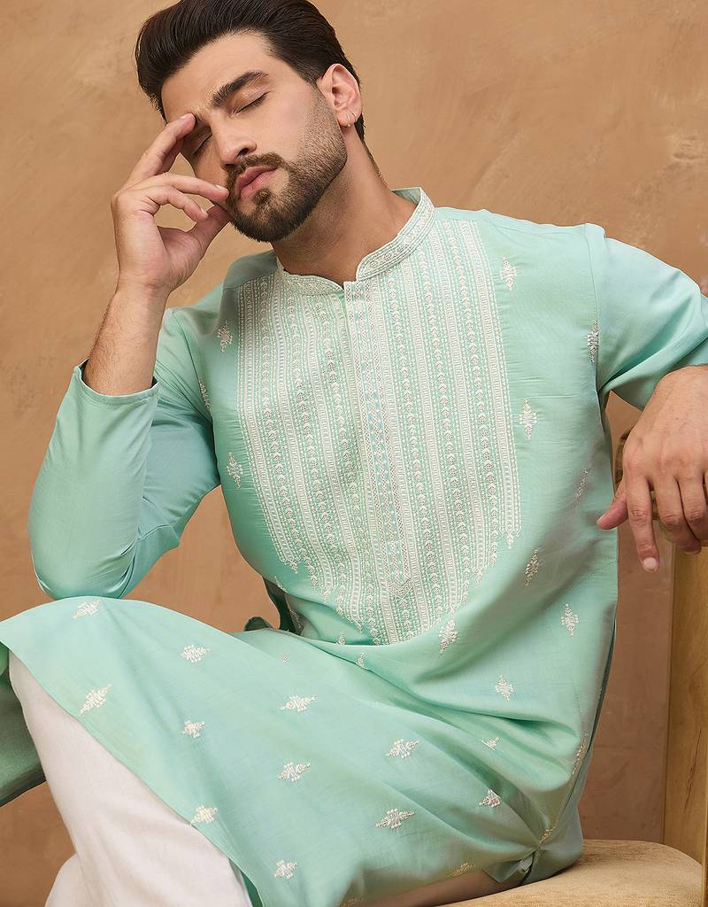 Men blue silk blend solid embroidered straight kurta