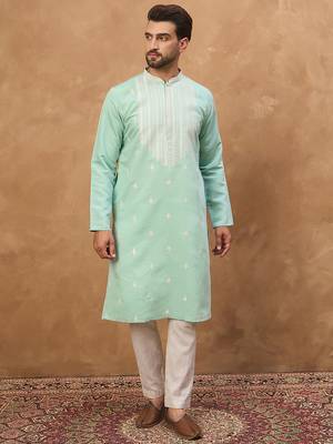 Men blue silk blend solid embroidered straight kurta 2