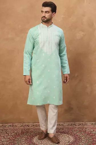Men blue silk blend solid embroidered straight kurta