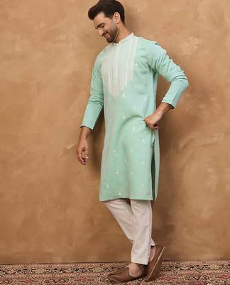 Men blue silk blend solid embroidered straight kurta 3