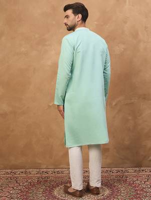 Men blue silk blend solid embroidered straight kurta 4