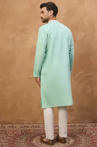 Men blue silk blend solid embroidered straight kurta