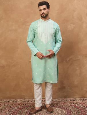 Men blue silk blend solid embroidered straight kurta 5