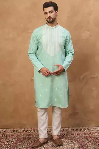 Men blue silk blend solid embroidered straight kurta