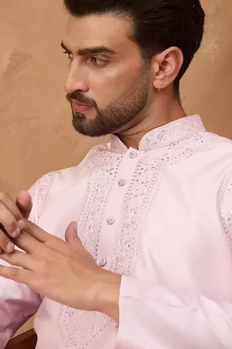 Men pink silk blend solid embroidered straight kurta