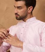 Men pink silk blend solid embroidered straight kurta