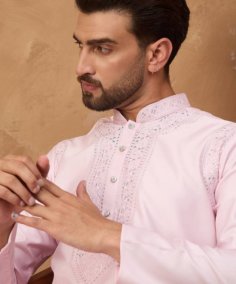 Men pink silk blend solid embroidered straight kurta