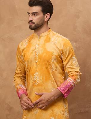 Men yellow silk blend batik embroidered straight kurta 2