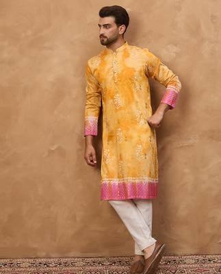 Men yellow silk blend batik embroidered straight kurta 1