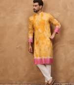 Men yellow silk blend batik embroidered straight kurta