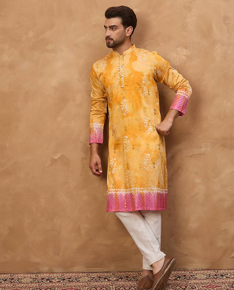 Men yellow silk blend batik embroidered straight kurta