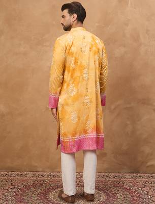 Men yellow silk blend batik embroidered straight kurta 4