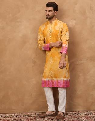 Men yellow silk blend batik embroidered straight kurta 5