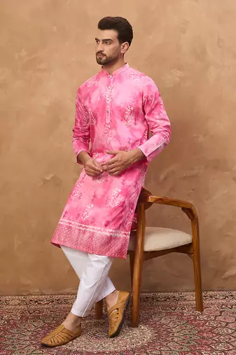 Men pink silk blend batik embroidered straight kurta