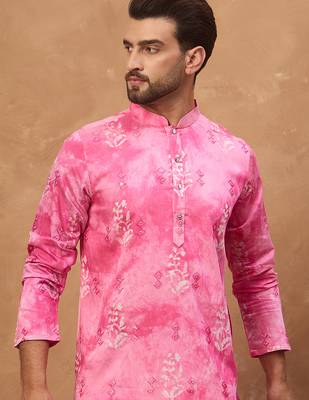 Men pink silk blend batik embroidered straight kurta 2