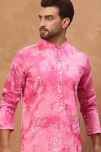 Men pink silk blend batik embroidered straight kurta
