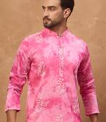 Men pink silk blend batik embroidered straight kurta