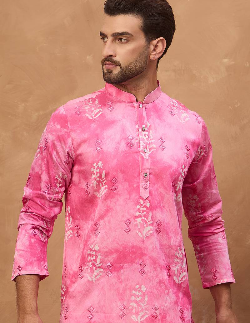 Men pink silk blend batik embroidered straight kurta