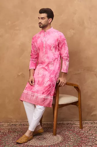 Men pink silk blend batik embroidered straight kurta