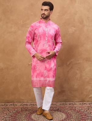 Men pink silk blend batik embroidered straight kurta 1