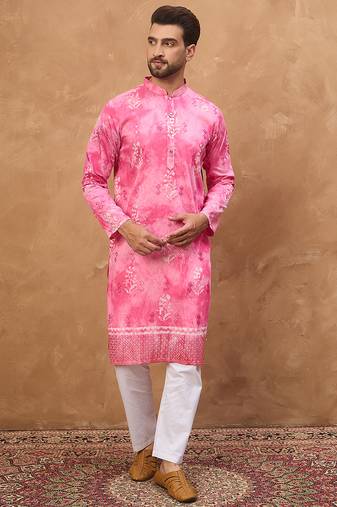 Men pink silk blend batik embroidered straight kurta