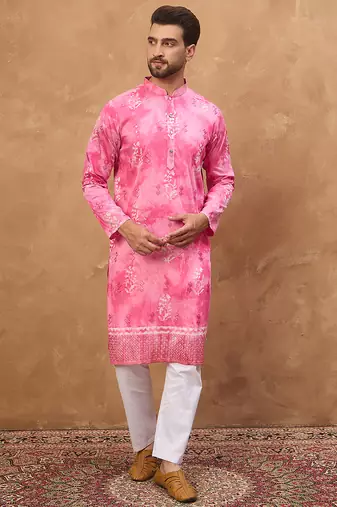 Men pink silk blend batik embroidered straight kurta