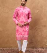 Men pink silk blend batik embroidered straight kurta