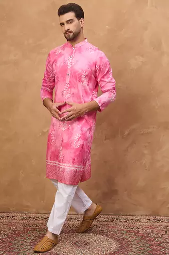 Men pink silk blend batik embroidered straight kurta