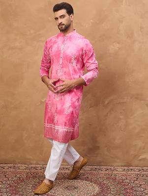 Men pink silk blend batik embroidered straight kurta 3