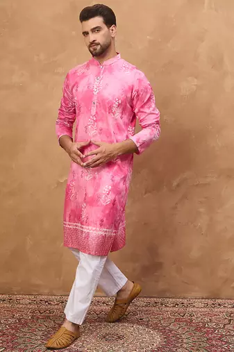 Men pink silk blend batik embroidered straight kurta