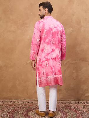 Men pink silk blend batik embroidered straight kurta 4