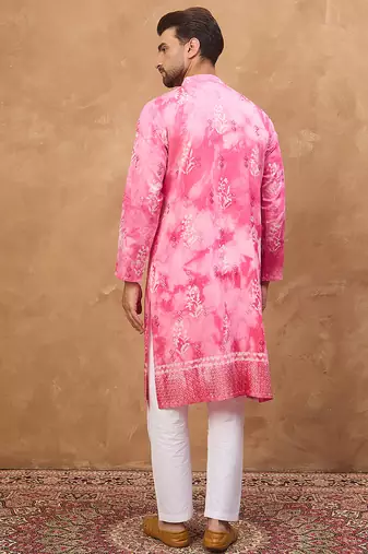 Men pink silk blend batik embroidered straight kurta
