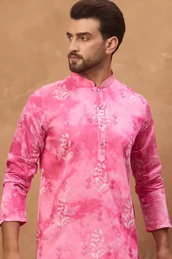 Men pink silk blend batik embroidered straight kurta