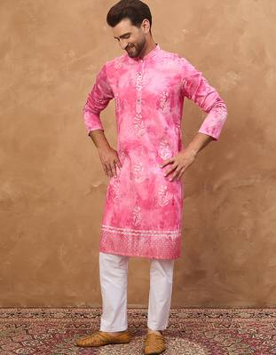 Men pink silk blend batik embroidered straight kurta 5