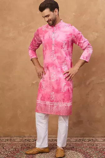 Men pink silk blend batik embroidered straight kurta