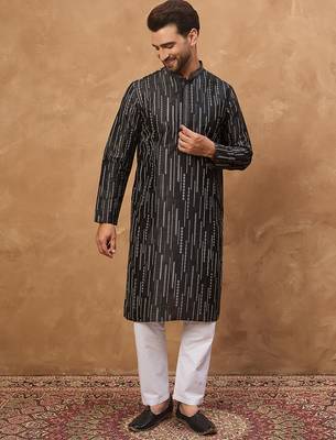 Men black silk blend geometric printed straight kurta 2