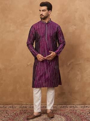 Men purple silk blend geometric printed straight kurta 2