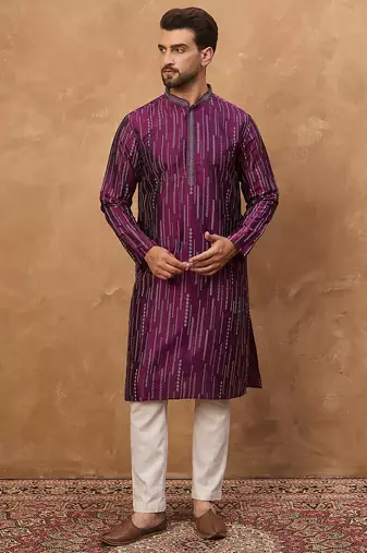 Men purple silk blend geometric printed straight kurta