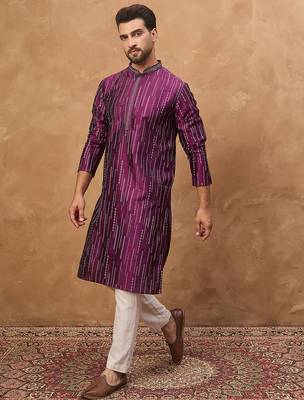 Men purple silk blend geometric printed straight kurta 3
