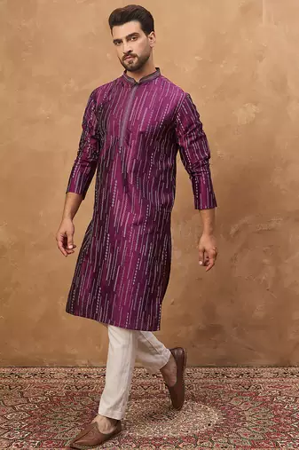 Men purple silk blend geometric printed straight kurta