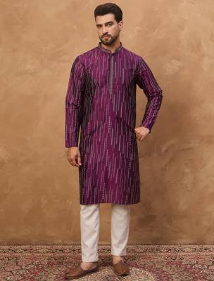 Men purple silk blend geometric printed straight kurta 5