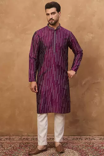 Men purple silk blend geometric printed straight kurta