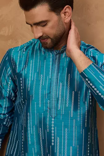 Men blue silk blend geometric printed straight kurta