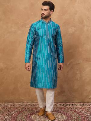 Men blue silk blend geometric printed straight kurta 2