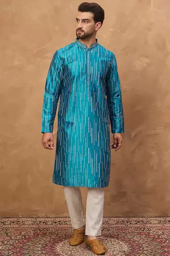 Men blue silk blend geometric printed straight kurta